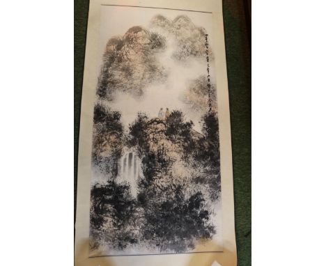 Chinese Scroll depicting wiseman with character marks. 157cm in Length 
