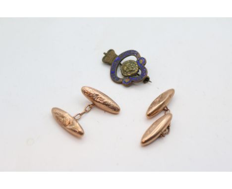 Pair of 9ct Rose Gold engraved Cufflinks and a British Legion enamelled Badge 