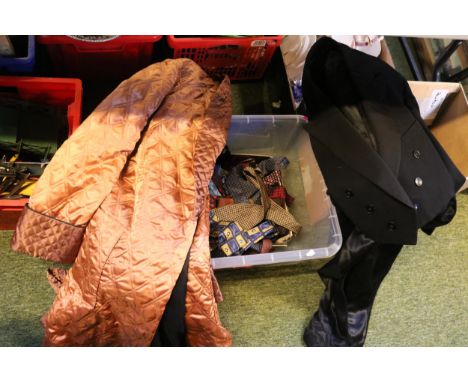 Collection of assorted Vintage Ties, Dinner jacket and trousers and a smoking Jacket 