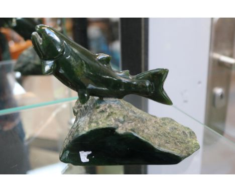 Canadian Nephrite Jade figure of a Leaping Salmon 12cm in Height 