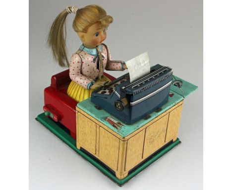 LINEMAR Japan Tin Toy Busy Secretary Typewriter 1950's. Vintage battery operated Japanese tin plate toy Busy secretary by LIN