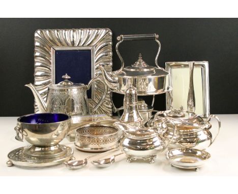 Selection of 20th century silver plated items to include decorative picture frame, H 30cm W 26cm, Art Deco spirit kettle and 