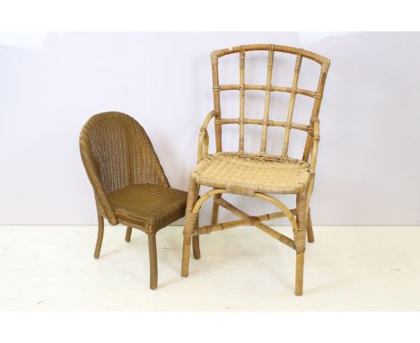 Mid century gold Lloyd Loom style wicker child's chair, H 59cm together with a bamboo chair with cross hatch back, sweeping a