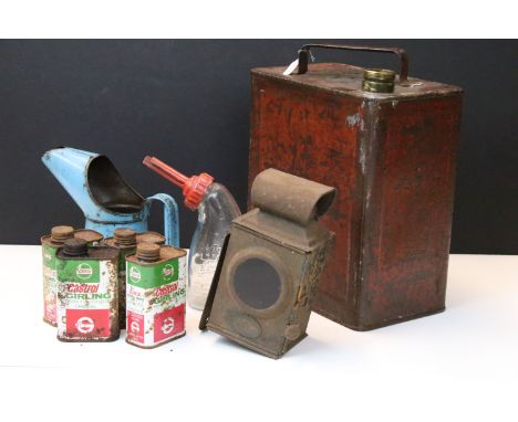 Mid 20th century petrol can along with a Regent Lubrication guide and Castrol Girling brake fluid, oil pourer, Lucas battery 