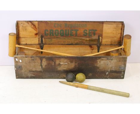 John Jacques &amp; Son regulation croquet set including four mallets, metal stakes and four balls set within original wooden 