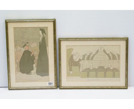Henry Maximilian Beerbohm (British, 1872 - 1956), ' Dante in Oxford, Proctor: "Your name and college?" ', 34 x 20.5cm, and ' 