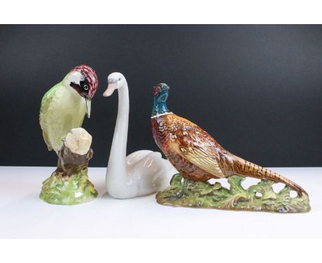 Beswick ceramic Pheasant figure, 1225, H 20cm together with Beswick Woodpecker, 1218, H22cm and Lladro swan, 5230, H 21cm