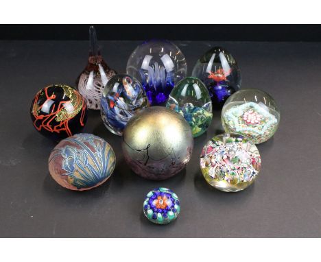 Assortment of coloured glass paperweights to include Caithness ascension, Phoenician glass, Malta, Plymouth plantation marble