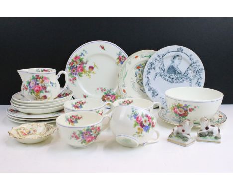 Royal Worcester 'Roseland' tea set with floral and blue borderline design, comprising of four cups, saucers and side plates, 