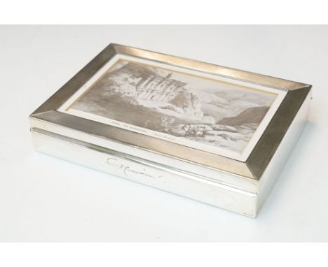 A vintage 925 sterling silver table top cigarette box with engine turned decoation and photo paneled top, marked Deyhle Germa