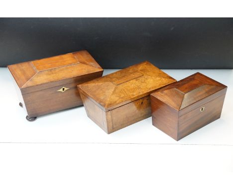 Trio of tea caddy boxes in varying sizes, largest walnut with inlay detail example H 11cm, W 26cm, D 15cm, brass inlay lock e