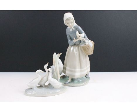 Lladro girl with geese figurine, H 22cm together with Nao three geese and reeds ornament, H 11.5cm