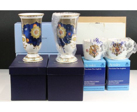 Royal Worcester 'Millennium' footed vases and trinket tray, Aynsley twin handle loving cup, tankard cup, Queen Elizabeth Silv