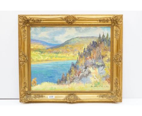 Continental school, impressionist lake scene with trees and rising hills beyond, signed lower right and dated circa 1959, 39.