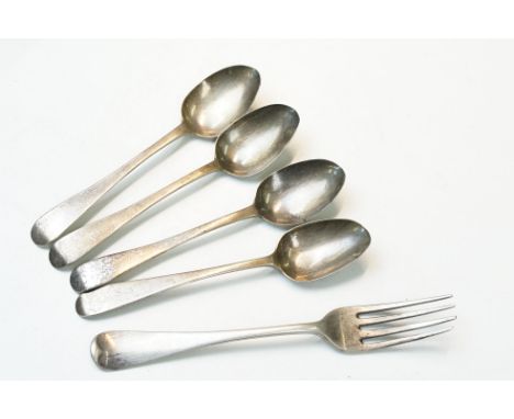 Four fully hallmarked sterling silver teaspoons together with a fork. 