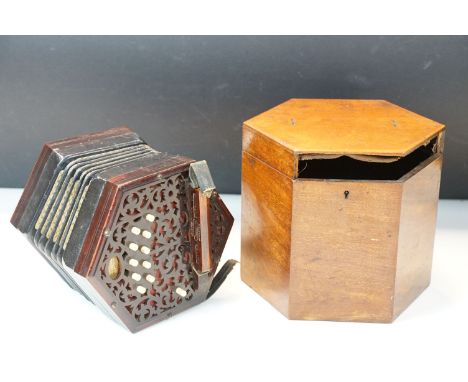 Lachenal &amp; Co, 19th century rosewood concertina squeeze box, with lined box