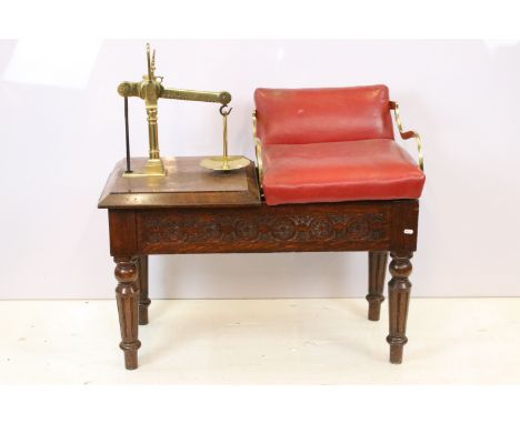19th century Victorian Youngs of Cranbourn Street. London Jockey scales, oak bench with carved detailing to the frieze with r