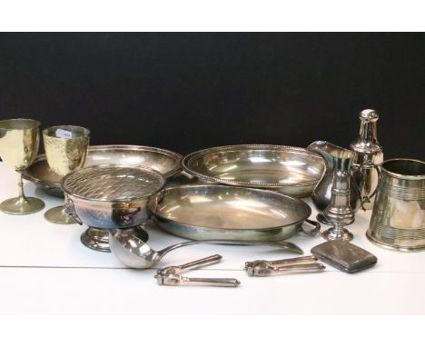 Assortment of silver plated items to include trophy goblets 1882, small footed pitcher, cigarette case, shaker sifter, oval s