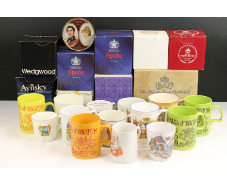 Collection of commemorative royal mugs to include Wedgwood, Aynsley, Spode, Royal Crown Duchy, Harrods, Buckingham Palace, St