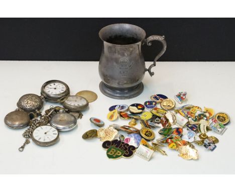 A collection of antique and vintage pocket watches to include silver examples together with a selection of enamel badges to i
