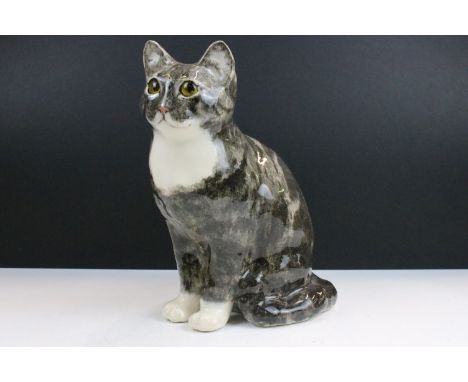 Winstanley grey tabby cat figurine with glass eyes, Size 6, signed to base, H 29cm