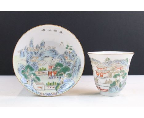 19th Century Chinese cup and saucer each being enamelled with mountainous pagoda scenes in red, green and blue. Each having a