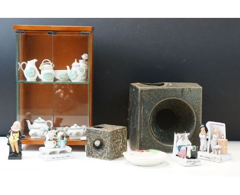 Assortment of ceramics to include a small wood and glass display unit containing miniature Coalport 'Ming Rose' tea set and a