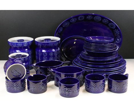 Portmeirion Susan Williams Ellis design 'Totem' cobalt blue vintage kitchen ware to include three lidded pots, two sauce grav