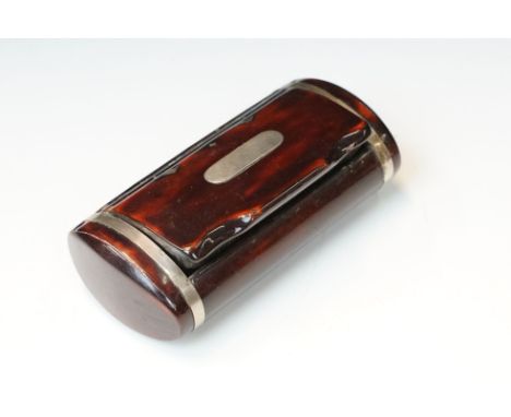 An early 20th century pocket snuff box, white metal banding and decoration, inner lid with retailers marks.