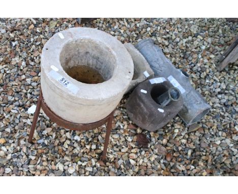 18th century lead drain pipe dated and marked W S 1782, W 45cm together with a carved stone crucible and two smelting pots, e