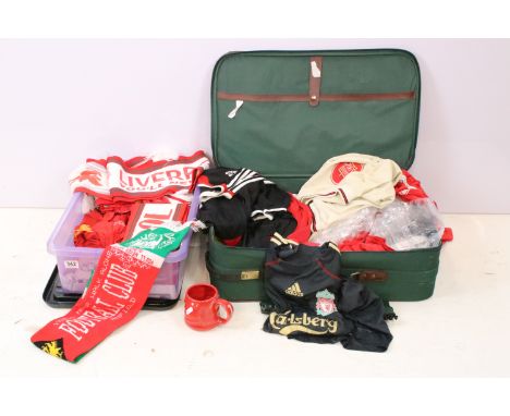 Large collection of Liverpool FC memorabilia including mixed vintage football shirts two mugs, scarves, towel, and supporter 