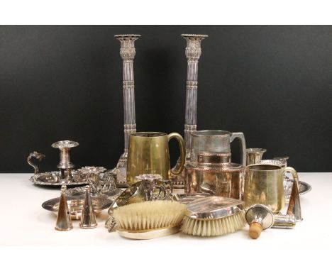 Mixed assortment of antique silver plate ornate chambersticks and candle snuffers, fox wine stopper, tankards, tea caddy, lid