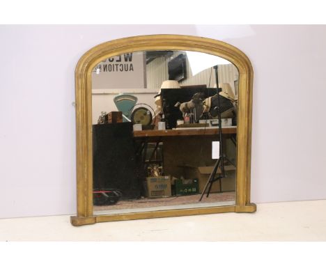Large wooden arch top gilt wooden over mantle mirror, H 91cm, W 92cm
