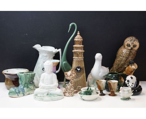 Large selection of John Bordeaux, Isles of Scilly studio pottery items to include Buddha, planter vase, cat figurine, egg cup