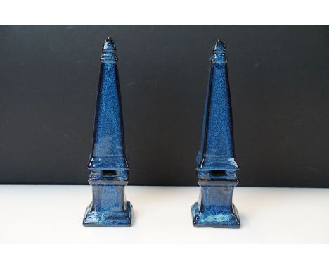 Pair of Large 20th century, glazed ceramic obelisks in blue, oriental art, H 32cm