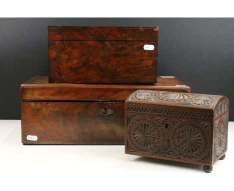 Victorian walnut sewing box and contents to include silver thimble in tartan ware box, Bond St decorative pin, tartan ware na