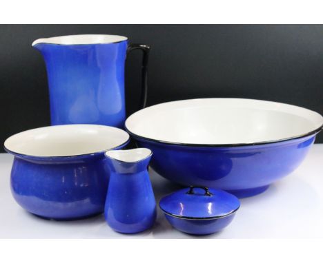 Large vintage ceramic blue and white with black rim washing set to include, large water jug H 30cm, chamber pot, lidded soap 