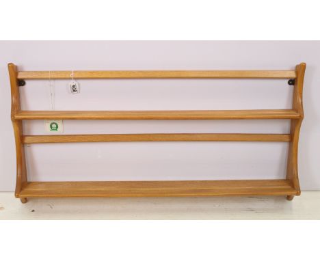 Ercol pale elm hanging plate rack / shelf, model 268, with original Ercol retail tie on label, 98cm long x 50cm high x 13cm d