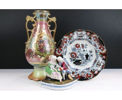 Early 20th century lustre ware twin handled vase together with Mason's 19th century Oriental pattern plate and a 19th century