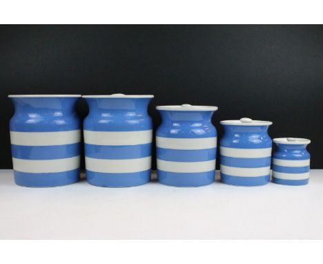 Collection of five graduating T.G Green &amp; Co Ltd Cornish Kitchen Ware, blue and white lidded jars, tallest 17cm