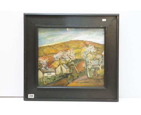Peter Arnold (20th century), impressionist style landscape scene with cottages and fields beyond, impasto oil, signed lower r