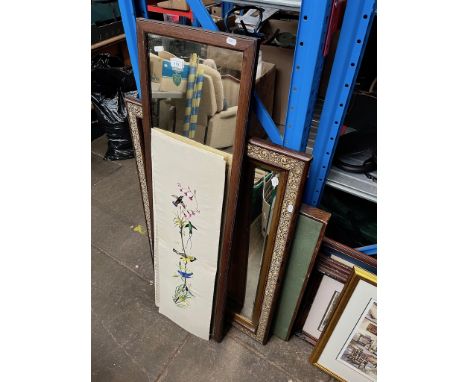 A card table, a square mirror, a rectangular mirror and 2 silk embroideries. 