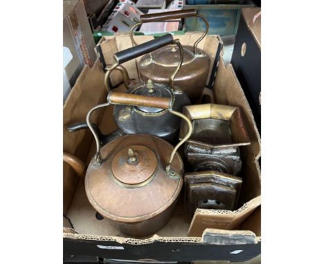 3 copper kettles and a carriage lamp. 