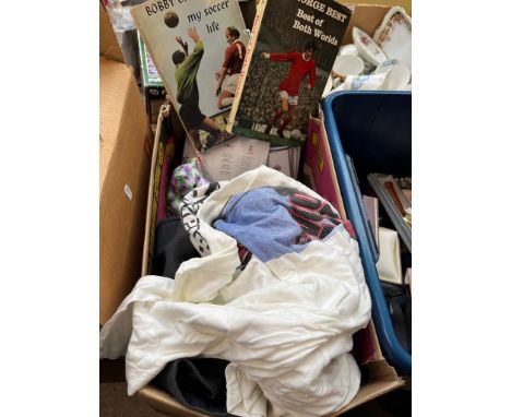 A box of assorted football and cricket shirts, vintage football books. 
