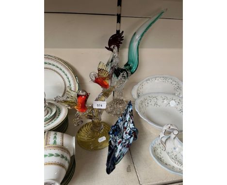 Art glass - vintage Murano cockeral 38cm high, decorative gondola and robins on branch 