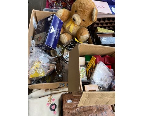 A box of miscellaneous items including boxed Jubilee goblets, ceiling light fitting, soft toy, dolls house furniture, glass d