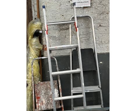 A Youngman set of aluminium stepladders a set of wooden stepladders, and an ABRU 3 way step ladder. 