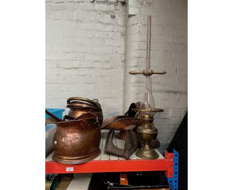 4 copper and 1 brass coal buckets, a posser, a parafin lamp, a shoe last, a bed warming pan, a butter churn and a glass washb