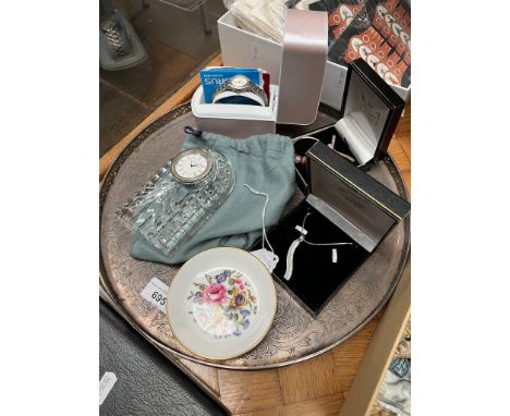 A mixed lot comprising a Waterford crystal clock, a silver plated tray and a Royal Worcester pin dish. 