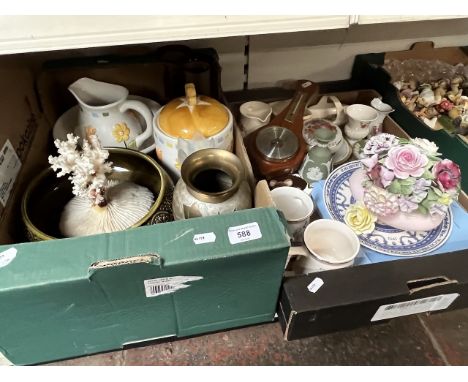 2 mixed boxes to include jug and basin set, brass vase, figurines, pedestal bowl, coral, jasper ware, barometer  etc 